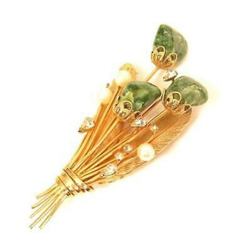 Vintage Gold Plated Rhinestone Jade & Pearl Flower Bouquet Large‎ Brooch Pin
